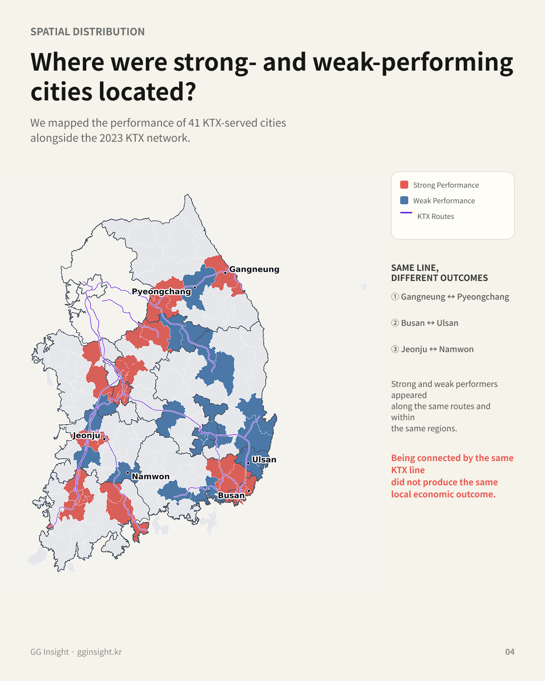 Map showing where strong and weak performing cities are located